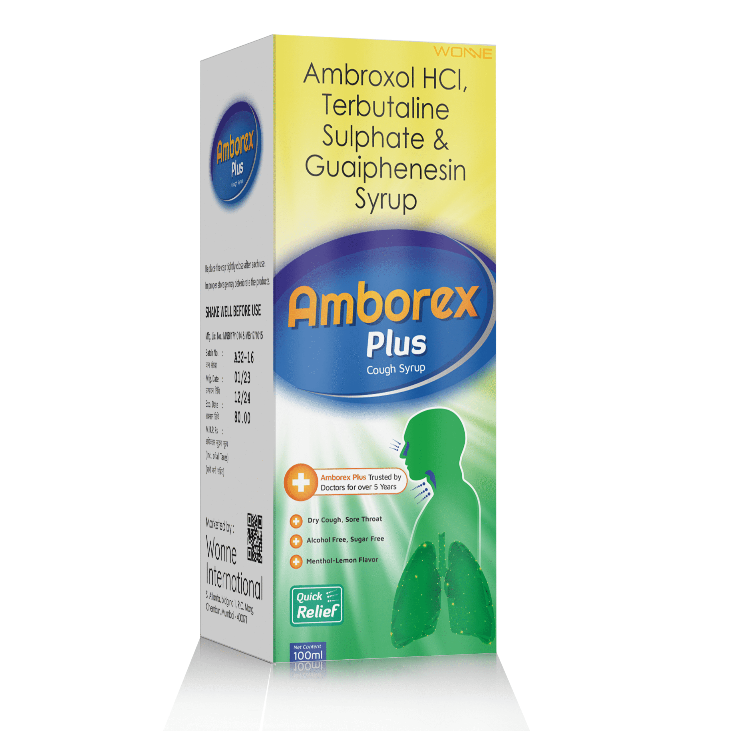 Ambroxol Hydrochloride 30 mg + Guaiphenesin IP 100 mg + Terbutaline Sulphate 2.5 mg Syrup - Wonne International