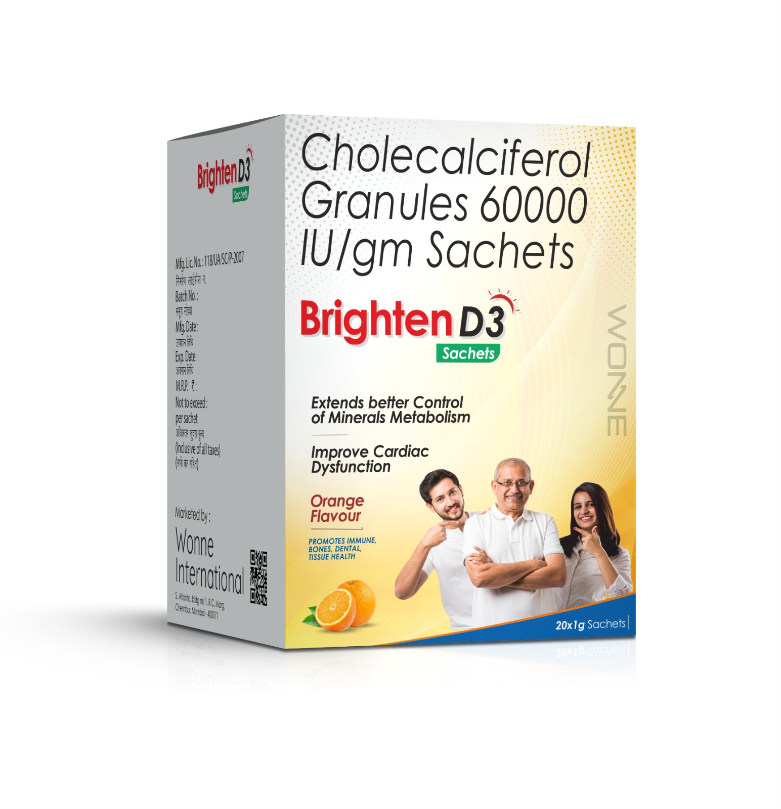 Cholecalciferol (Vitamin D3) 60,000 IU Sachets - Brighten-D3 Sachets - Wonne International
