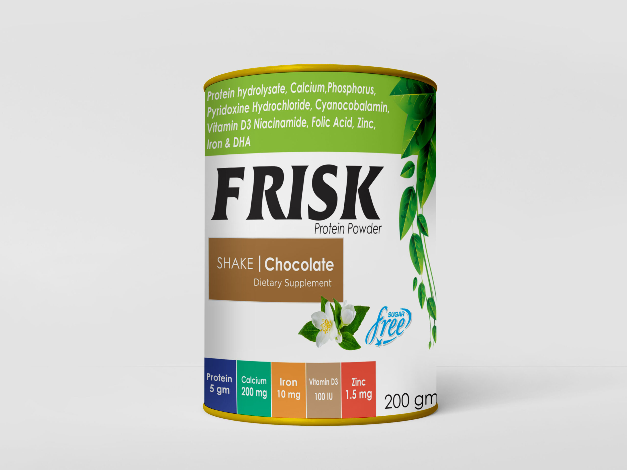 Frisk (Tin) protein powder with vitamins, minerals, cyanocobalamin, and DHA in chocolate flavour.