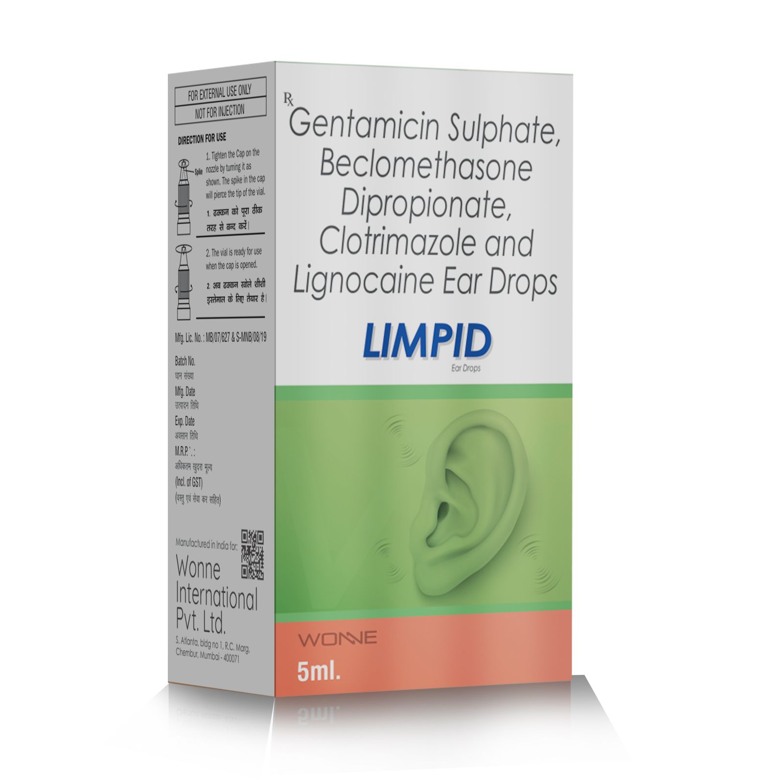 Gentamincin Sulphate, Beclomethasone Dipropinate , Clotrimazole & Lignocaine Ear Drops - Limpid Ear Drops - Wonne International