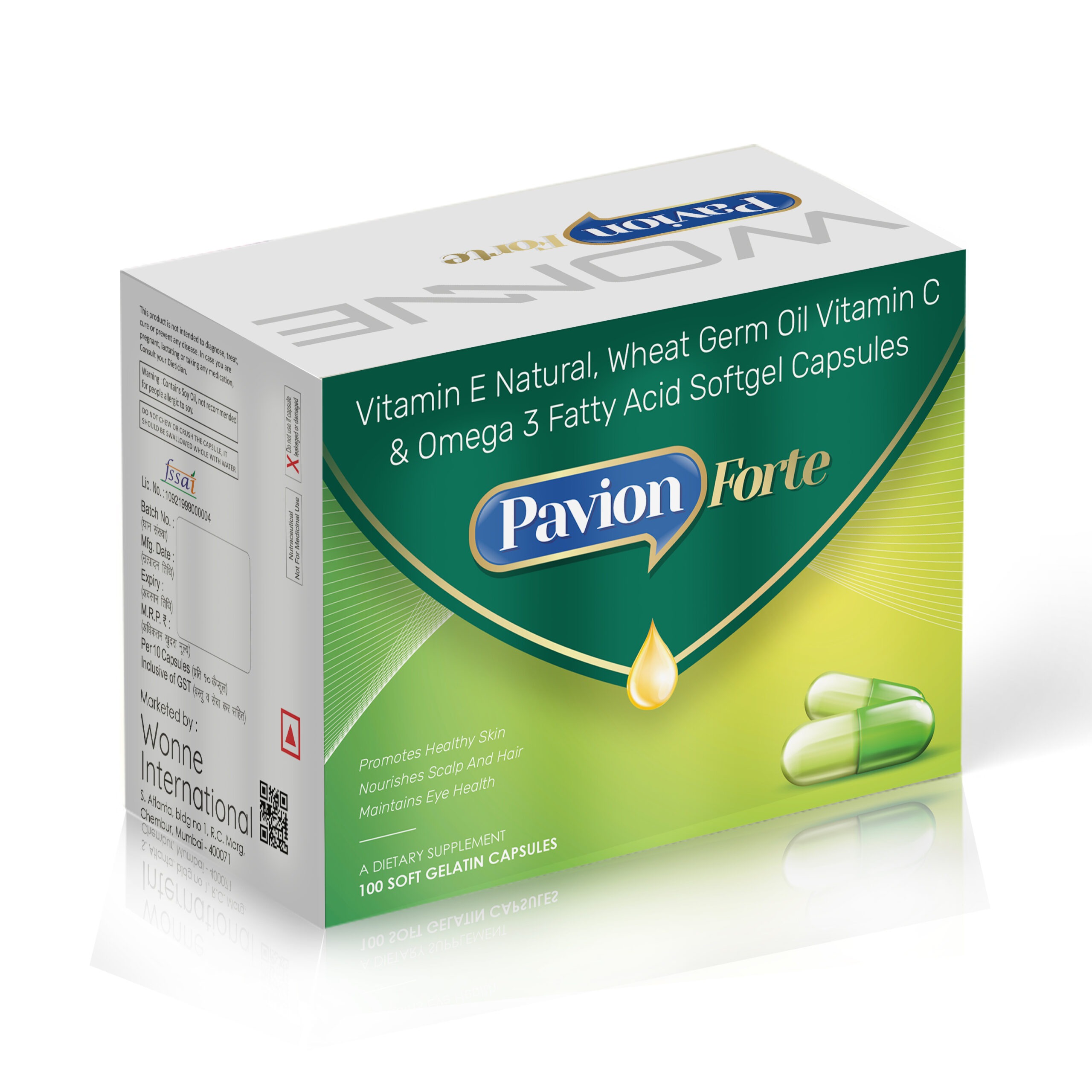 Vitamin E Natural Wheate Germ Oil Vitamin C & Omega 3 Fatty Acid Softegel Capsules - Pavion Forte Capsules - Wonne International