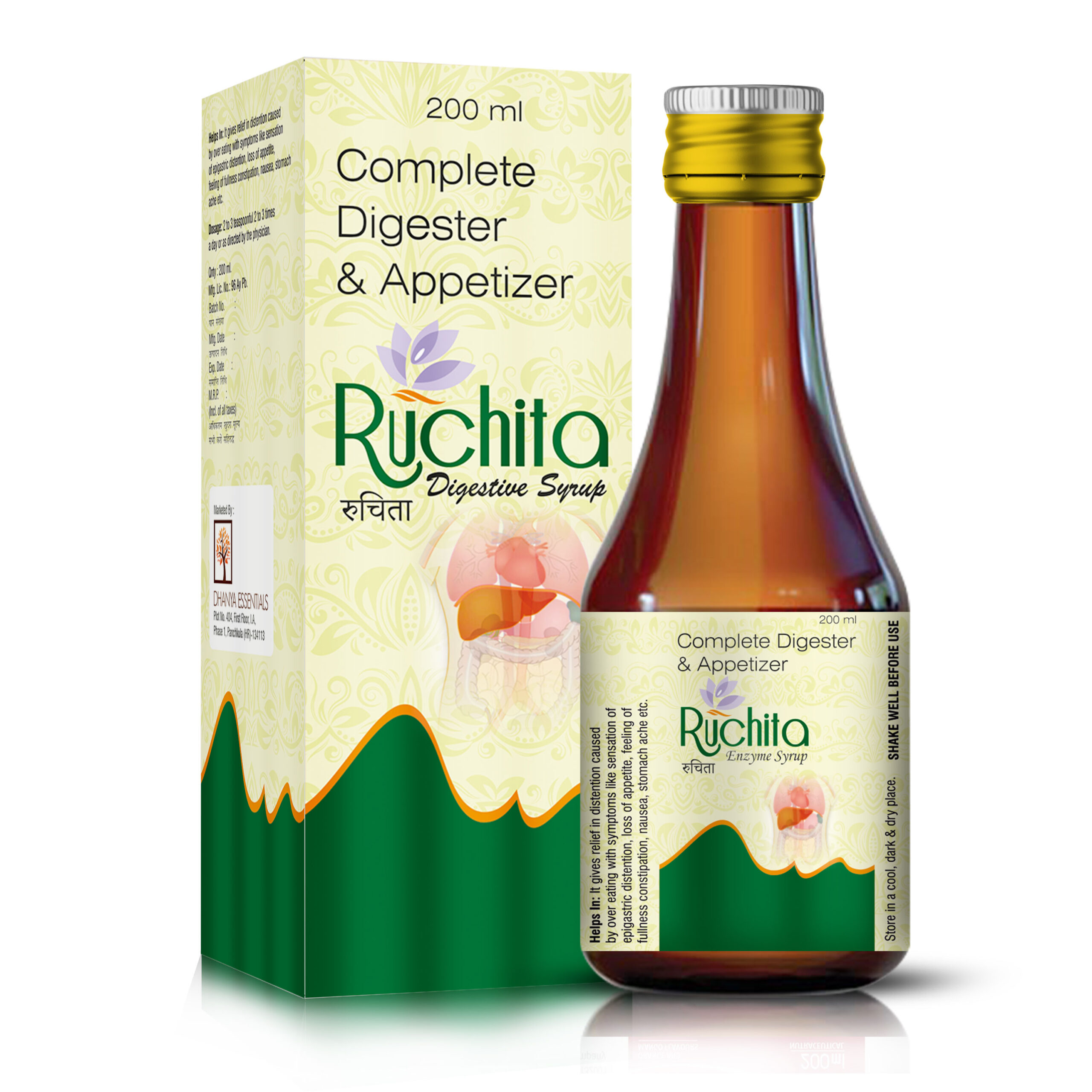 RUCHITA Digestive Enzyme Syrup 200 ml with carton, containing Ayurvedic herbal extracts