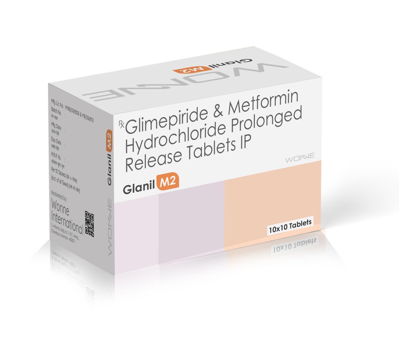 Metformin Hydrochloride (SR) Glimepiride & Voglibose Tablets - Glanil MV 2.2 Tablets - Wonne International