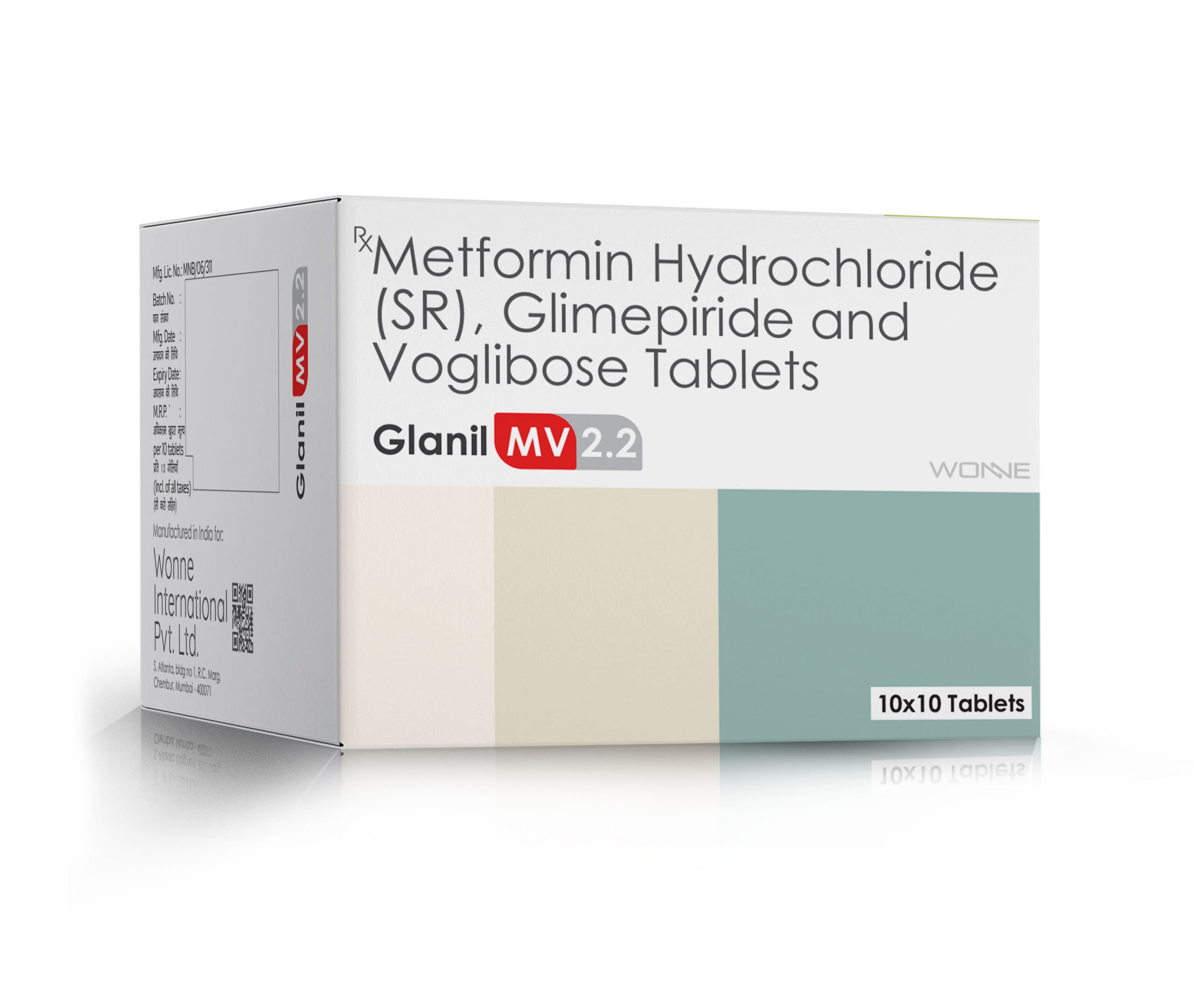 Metformin Hydrochloride (SR) Glimepiride & Voglibose Tablets - Glanil MV 2.2 Tablets - Wonne International