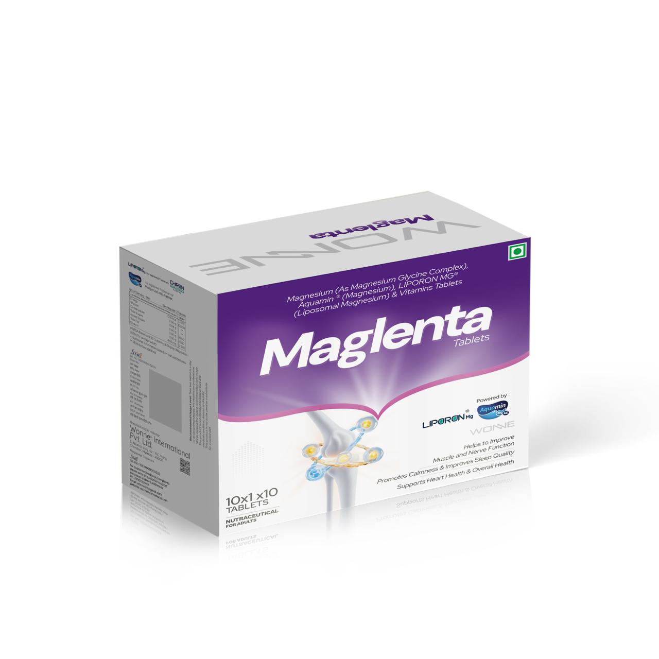 Magnesium (as Magnesium Glycine Complex), Aquamine Magnesium, Liposomal Magnesium (LIPORON MG) & Vitamins Tablets - MAGLENTA Tablets