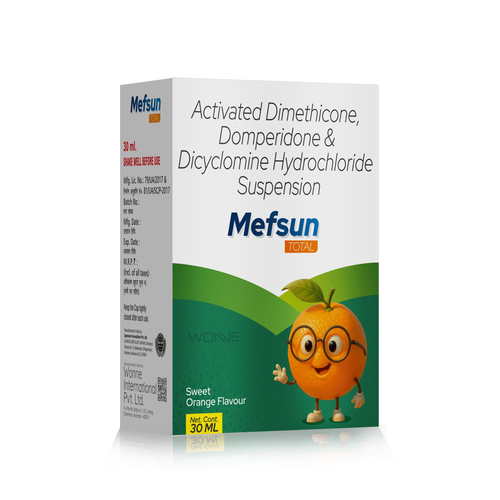 Activated Dimethicone, Domperidone & Dicyclomine Hydrochloride Suspension - Mefsun Total Suspension - Wonne International
