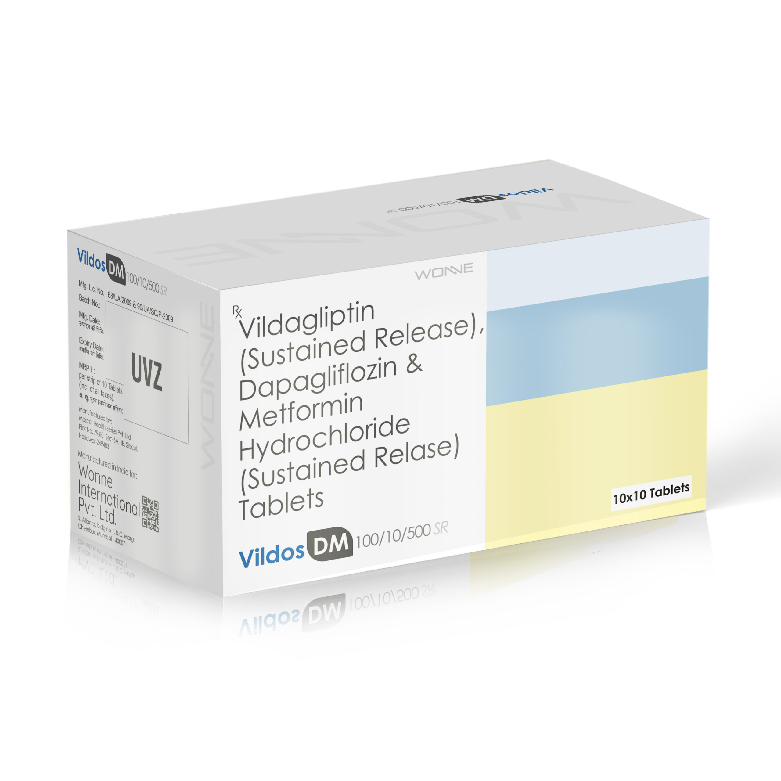 Vildagliptin (Sustained Release),Dapagliflozin & Metformin Hydrochloride (SR) Tablets - Vildos DM 100/10/500 SR Tablets - Wonne International