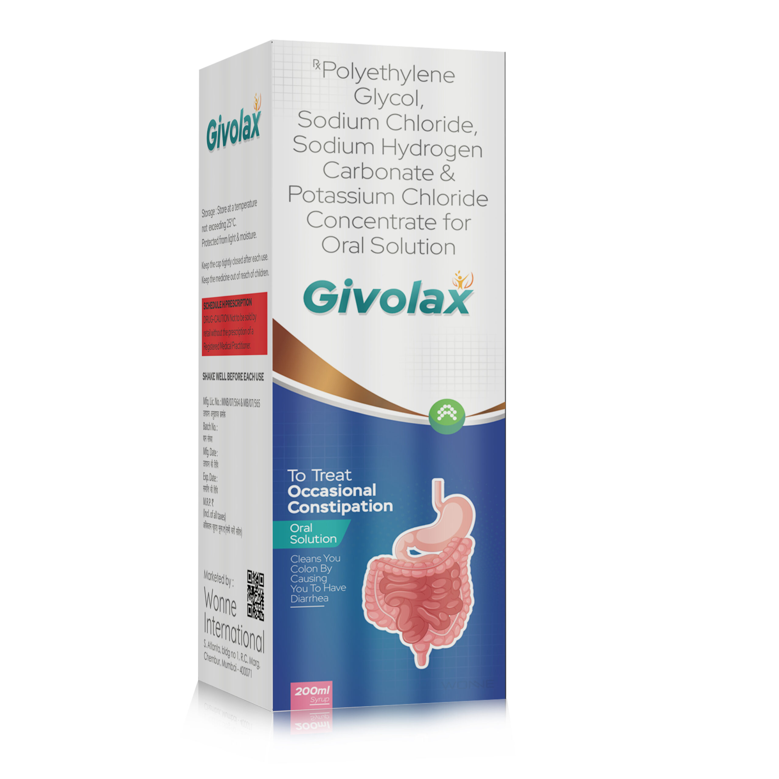 Polyethylene Glycol, Sodium Chloride, Sodium Hydrogen Carbonate & Potassium Chloride Conentrate For Oral Solution - Givolax Solution - Wonne International