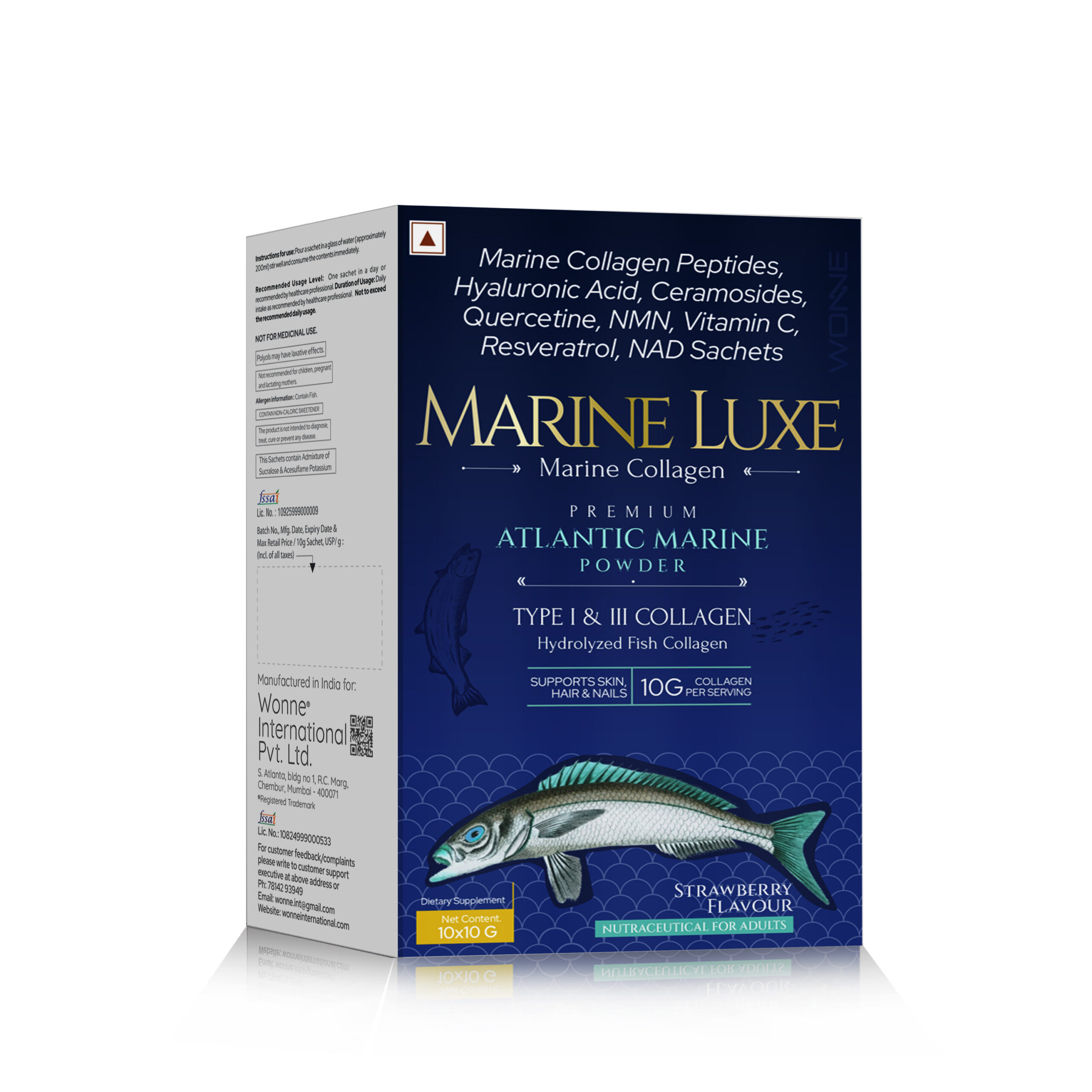 Marine Collagen Peptides, Hyaluronic Acid, Ceramosides, Quercetin, NMN, Vitamin C, Resveratrol & NAD Sachets - Marine Luxe Sachets - Wonne International