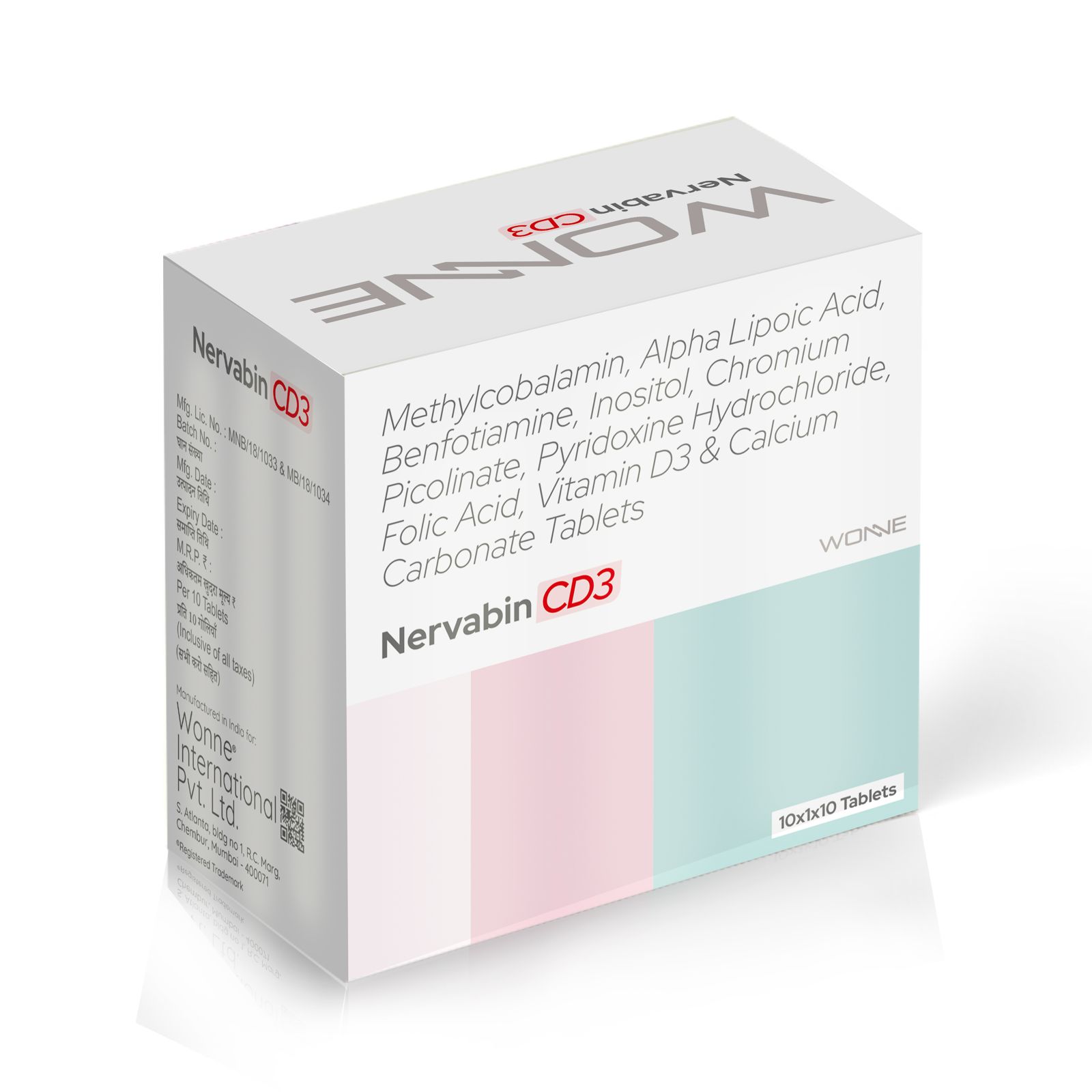 Methylcarbylamine, Alpha Lipoic Acid, Benfotiamine, Inositol, Chromium Picolinate, Pyridoxine Hydrochloride, Folic Acid, Vitamin D3 & Calcium Carbonate Tablets - Nervabin CD3 Tablets - Wonne International