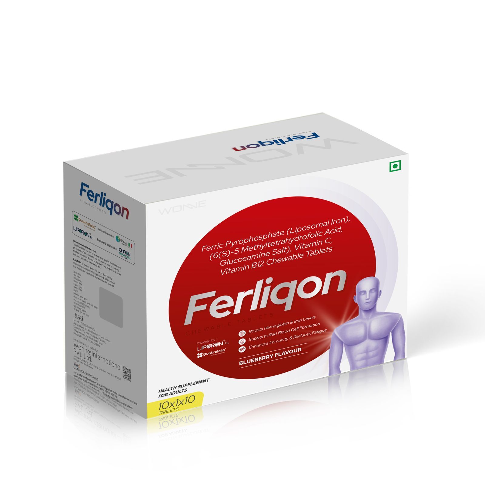Ferric Pyrophosphate (Liposomal Iron), (6(s)-5 Methylterahydrofolic Acid, Glucosamine Salt), Vitamin C, Vitamin B12 Lipofar Chewable Tablets - FERLIQON Chewable Tablets - Wonne International