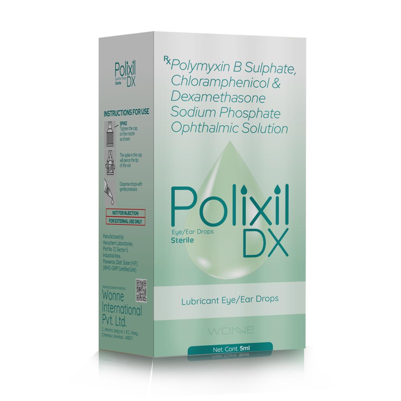 Polimyxin B Sulphate, Chloramphenicaol & Dexamethasone Sodium Phosphate Ophthalmic Solution - Polixil DX Eye/Ear Drop - Wonne International