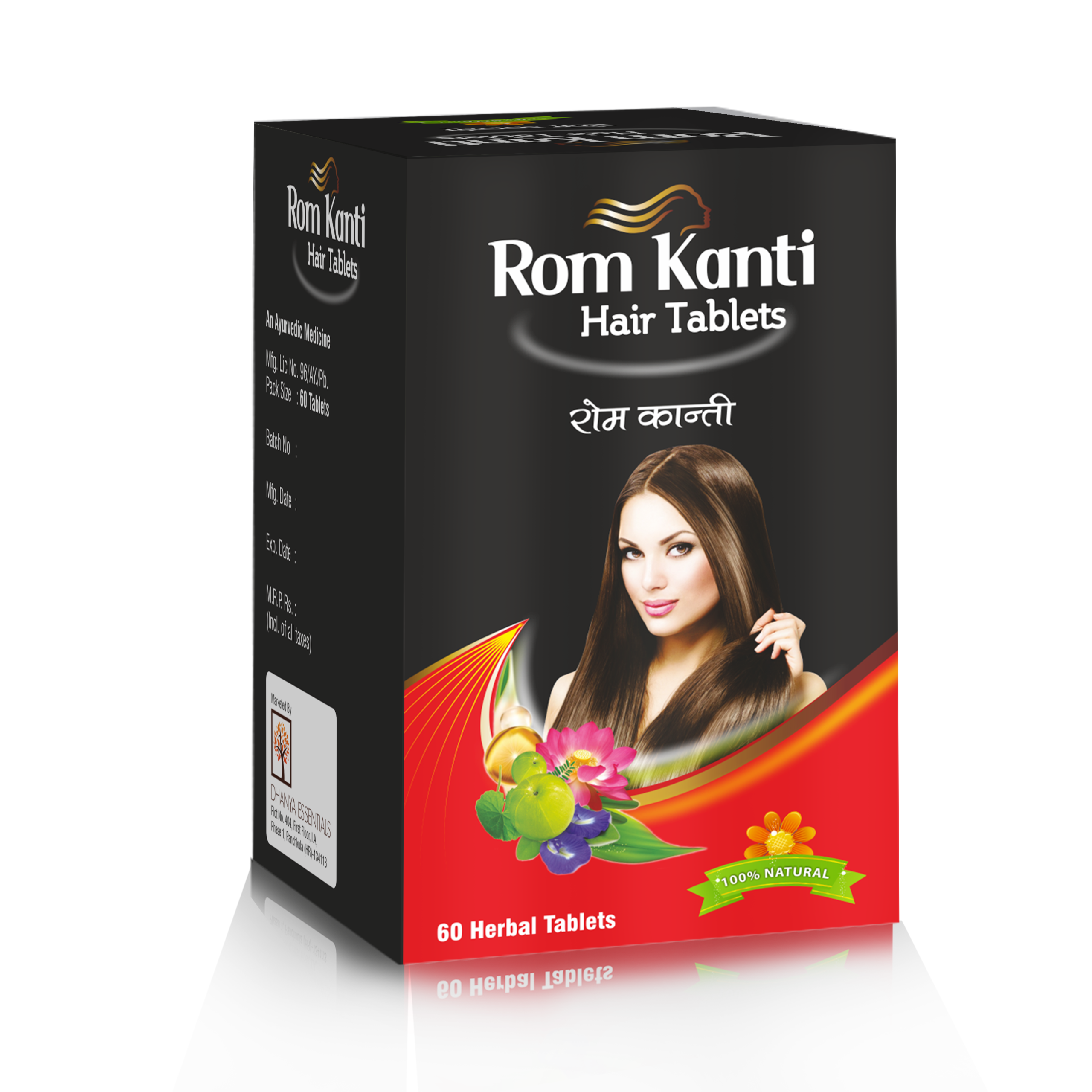 Dhanya Essentials Rom Kanti Ayurvedic hair-wellness tablets, 60-count pack