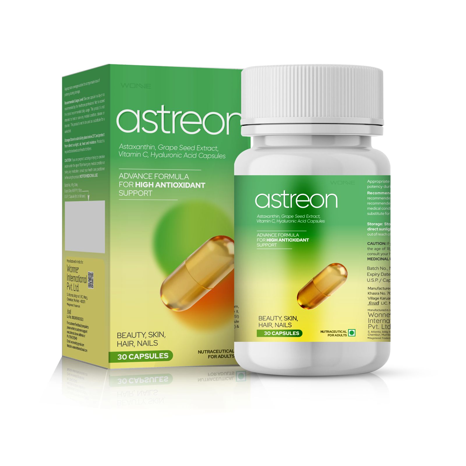 ASTREON Capsules with Astaxanthin, Grape Seed Extract, Vitamin C and Hyaluronic Acid