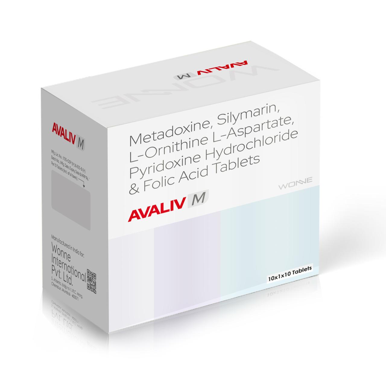 AVALIV-M Tablet with Metadoxine 500 mg, L-Ornithine L-Aspartate, Silymarin, Vitamin B6 and Folic Acid