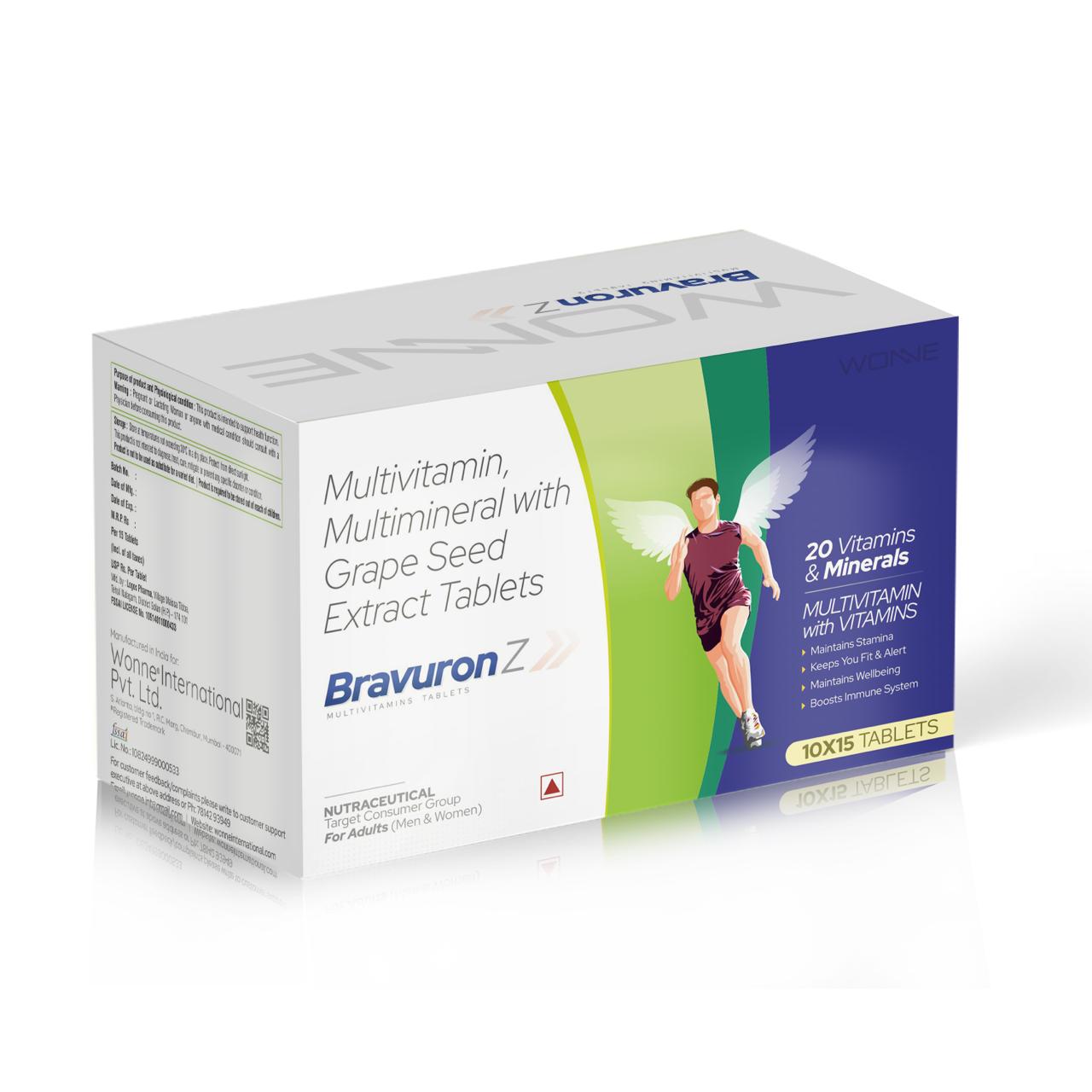 Bravuron Z Multivitamin and Multimineral Tablets with Grape Seed Extract